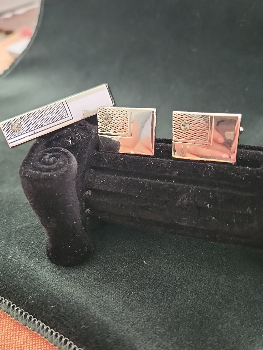Vintage Swank Silver Flag Cufflinks & Tie Clip Set with Crystal Accents